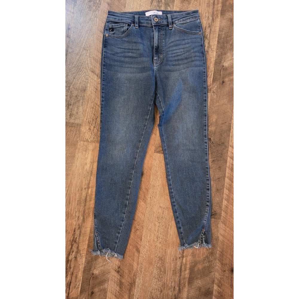 Kancan High Rise Skinny Jeans Medium Wash Raw Frayed Tulip Hem KC8604M Size 9/28